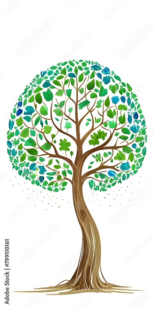 Brain-shaped tree with green and blue leaves and flowers. The seedlings ...