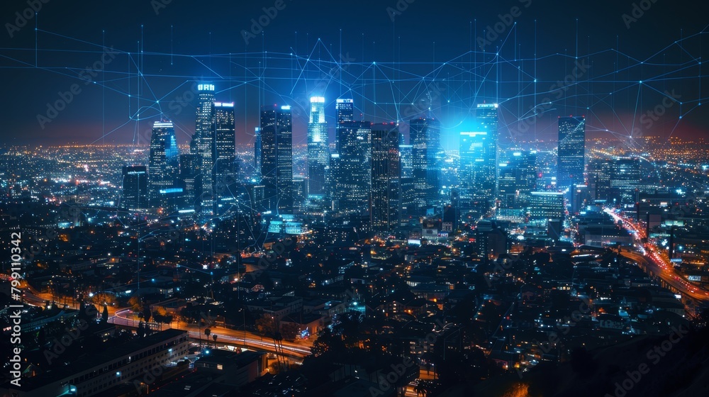 Night cityscape with illuminated buildings and a futuristic network overlay representing connectivity and data. Created with Generative AI