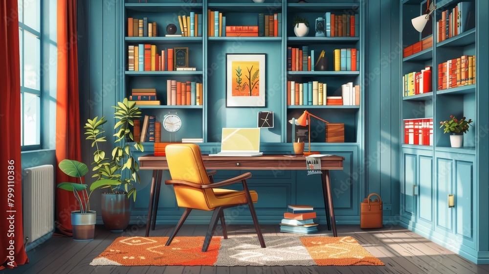 Interior Design: A vector illustration of a home office with a desk, chair, bookshelves, and inspirational decor Interior Design: A vector illustration of a home office with a desk, chair, bookshelves, and inspirational decor
