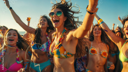 Young happy smiling woman in the center. Girls and boys having fun on the sea beach. The pleasure of relaxation and vacation. A group of people on a beach party, with the sky in the background photo