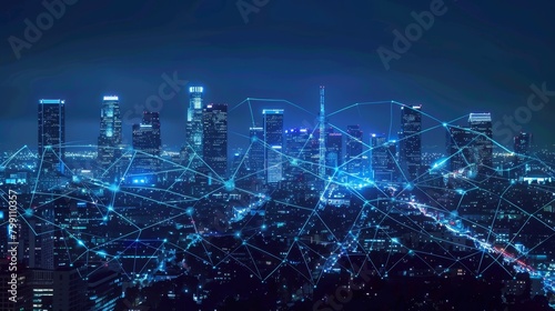 A nightscape of a city with illuminated buildings interconnected by digital network lines, symbolizing a smart city. Created with Generative AI photo