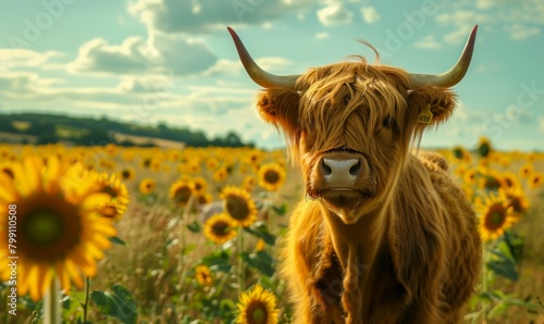 Highland Cow Amidst Blooming Sunflowers. Generative ai