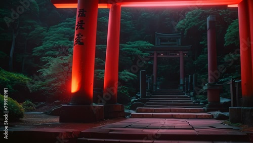 Video animation of  series of traditional Japanese torii gates. The setting appears to be a forested area with lush greenery surrounding the gates. photo
