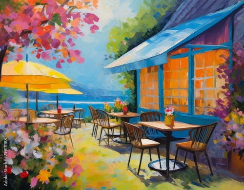 Outdoor cafe by the sea  acrylic painting . Mountains can be seen in the distance. Nearby trees are in bloom.