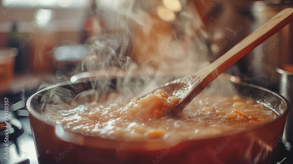 Kitchen and Cooking: A photo featuring a wooden spoon stirring a pot of soup on a stove