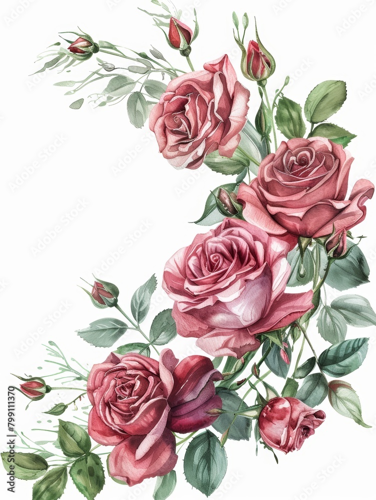 Watercolor Floral Invitation with Roses and Leaves Generative AI