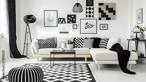 modern monochrome living room with modular sofa, black and white rug, and potted plant the room fea photo