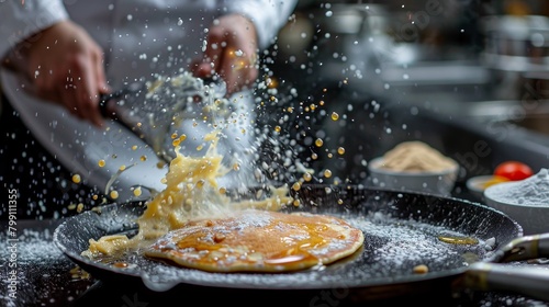 Kitchen and Cooking: A photo of a chef flipping a pancake in a frying pan
