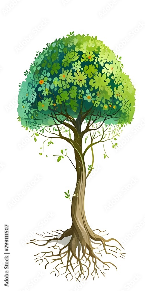 Brain-shaped tree with green and blue leaves and flowers. The seedlings ...