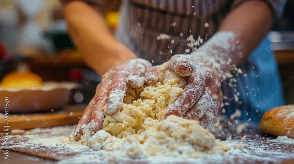 Kitchen and Cooking: A photo of a person's hands kneading dough on a floured Kitchen and Cooking: A photo of a person's hands kneading dough on a floured