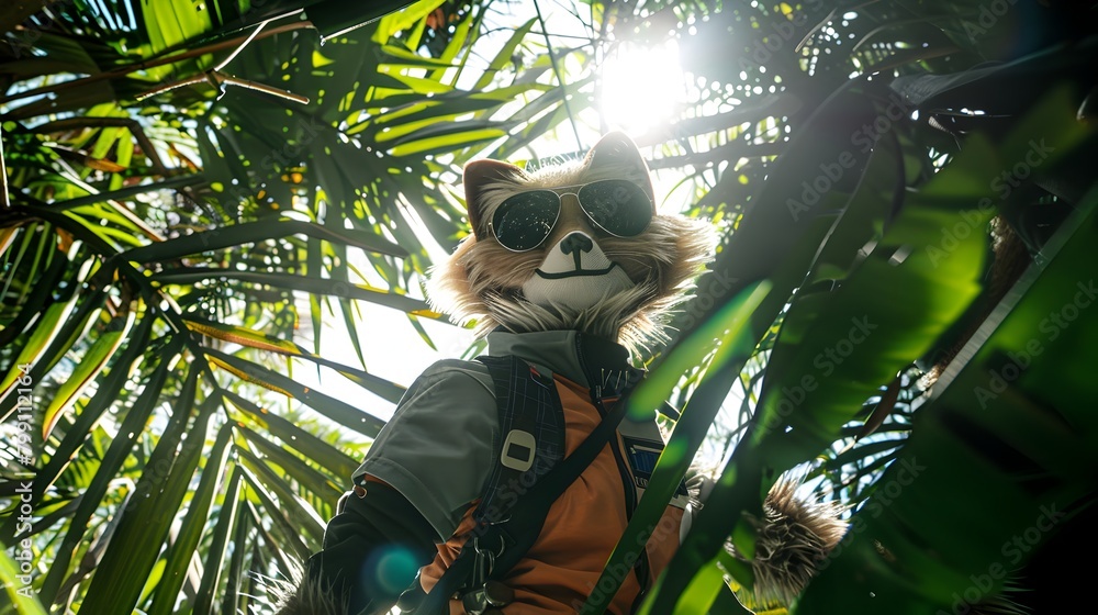 Fototapeta premium Fashionforward Anthro Sloth Confidently Explores Vibrant Jungle in Stylish Sunglasses Generative ai