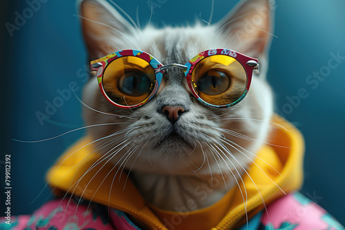 A longhaired cat wearing colorful sunglasses and fashionable , posing for the camera with cool poses. Created with Ai photo
