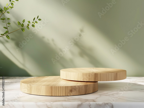 Two wooden product display podium and green background with marble floor and nature leaves and shadow.