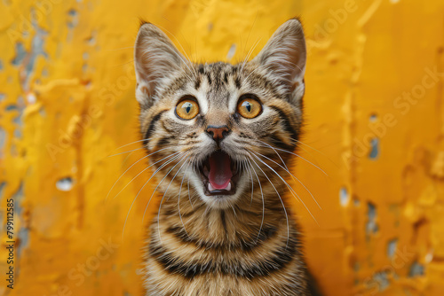 A photo of an excited cute kitten with its mouth open, on a solid color background. Created with Ai