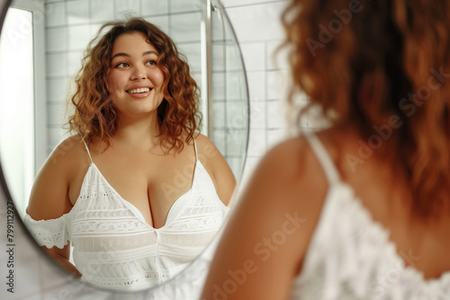 Portrait of a young beautiful smiling plus-size woman in front of a mirror
