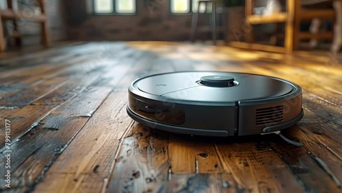 Robot vacuum cleaning dirty floor in a flat setting. Concept Household Chores, Technology, Cleaning, Smart Home, Interior Design photo