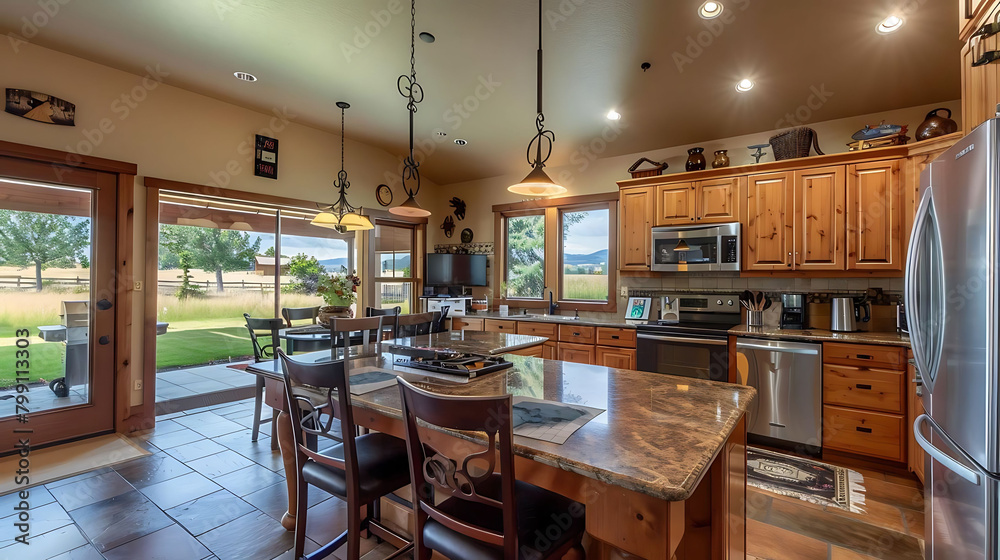 open kitchen with backyard view featuring a stainless steel refrigerator, microwave, and wood chair