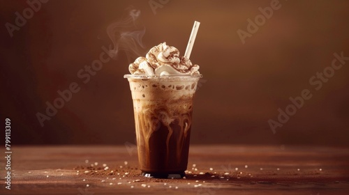 Iced coffee glass with whipped cream & straw