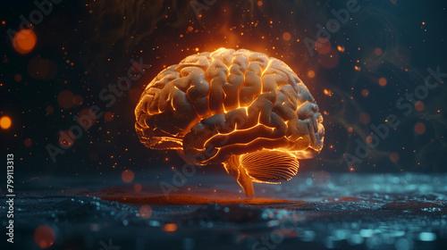 a human brain, side view, highlighted areas indicating cognitive functions, set against a dark background with spotlights, Generative AI