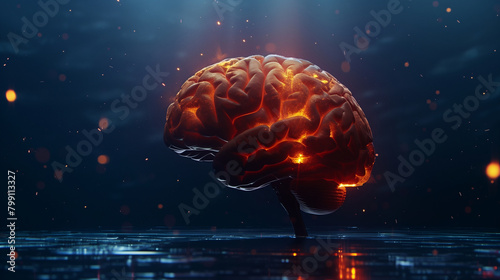 a human brain, side view, highlighted areas indicating cognitive functions, set against a dark background with spotlights, Generative AI