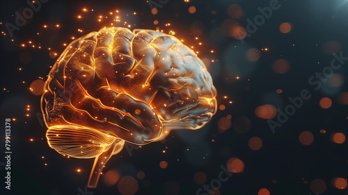 a human brain, side view, highlighted areas indicating cognitive functions, set against a dark background with spotlights, Generative AI