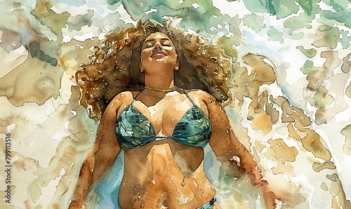 Watercolor painting of a voluptuous Afro woman on a sandy beach