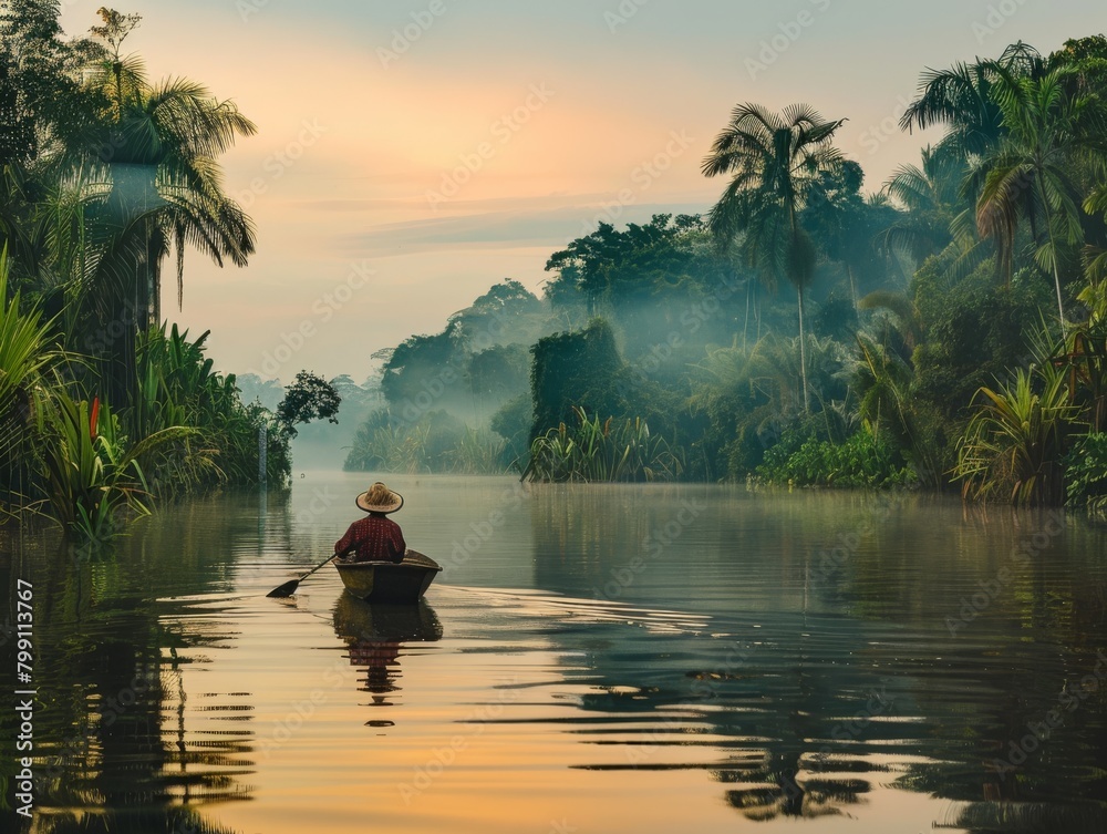 A man in a straw hat floats on a boat through a beautiful tropical forest at sunrise