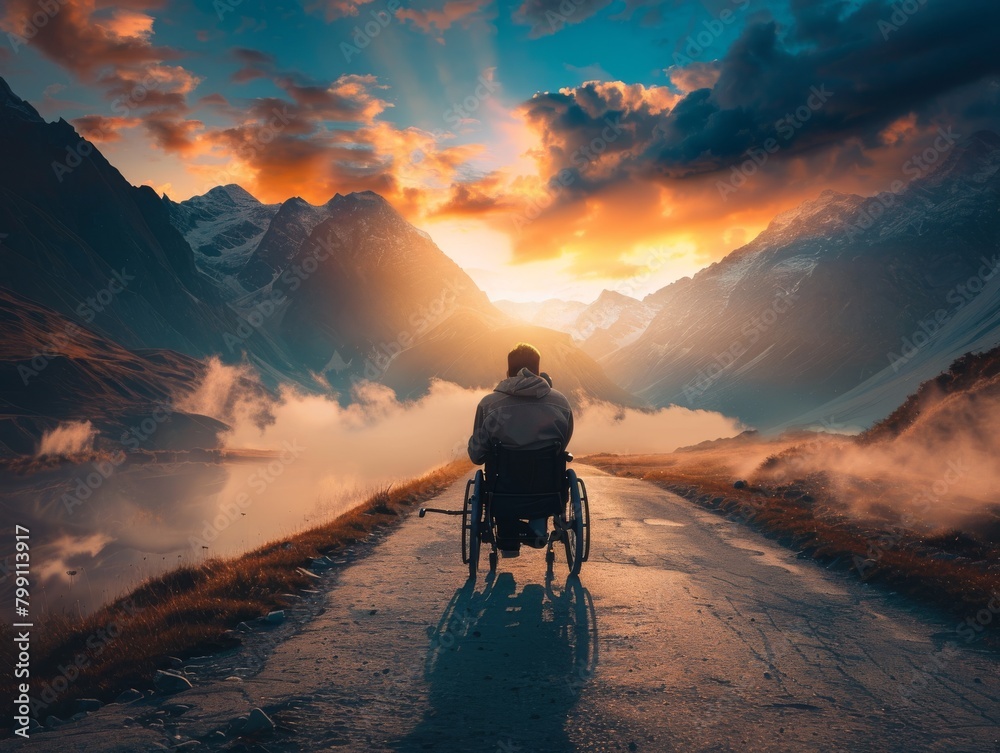 A man in a wheelchair travels along a road leading to the mountains, with a beautiful sunrise A man in a wheelchair travels along a road leading to the mountains, with a beautiful sunrise