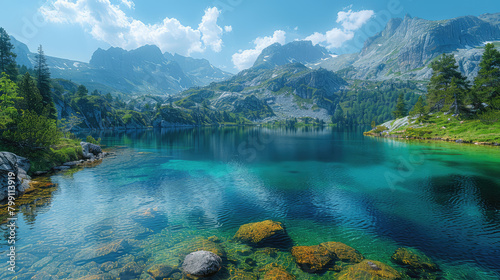 Beautiful lake in the mountains, turquoise water and rocks, panoramic view, nature photography. Created with Ai