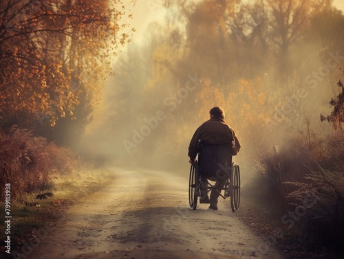 A man in a wheelchair travels along a road near a forest, light fog, autumn landscape