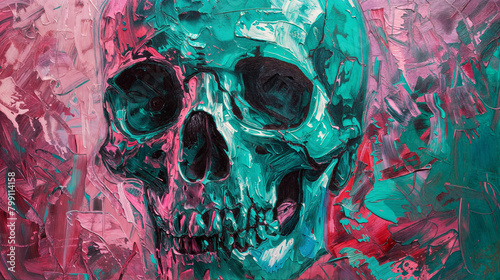 A skull painted in blue and pink with a pink background