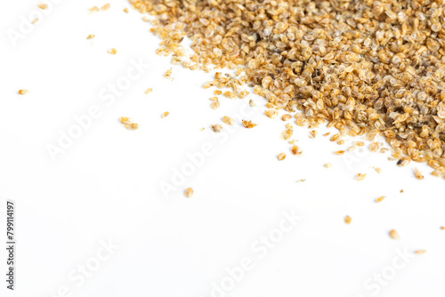 Dry food Daphnia for aquarium fish feed. White background. Top view
