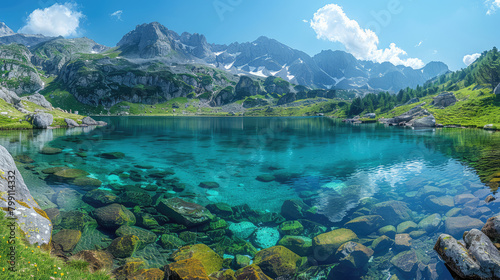 A beautiful lake in the mountains, clear water and rocks. Created with Ai