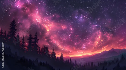 the celestial ballet unfolding above, as gradient cosmic violet and pink hues adorn the starry sky, casting a mesmerizing glow over the silhouette of forest trees below photo