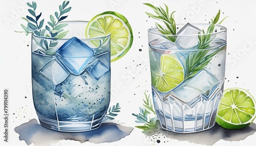 set of two glasses of Gin and tonic alcoholic drink watercolor illustration png isolated on a transparent background, cocktail clipart