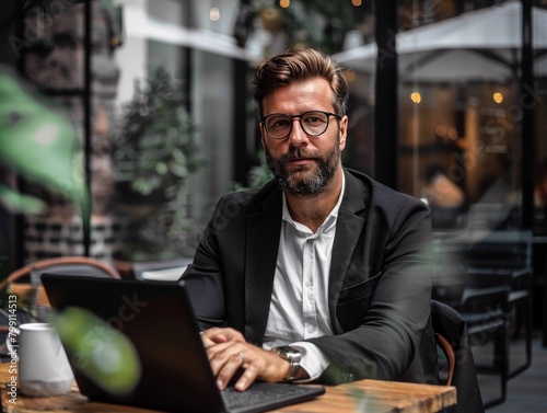 A bearded businessman in glasses and a suit sits on a café terrace, working on a laptop