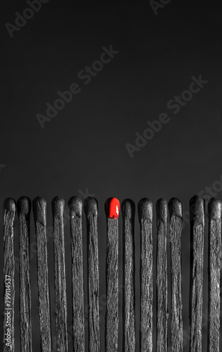 black and red wooden matches lined up in a row, concept. space for text at the top
