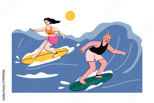 Man and woman having fun surfing in the sea illustration.  Summer vacation at beach concept illustration.