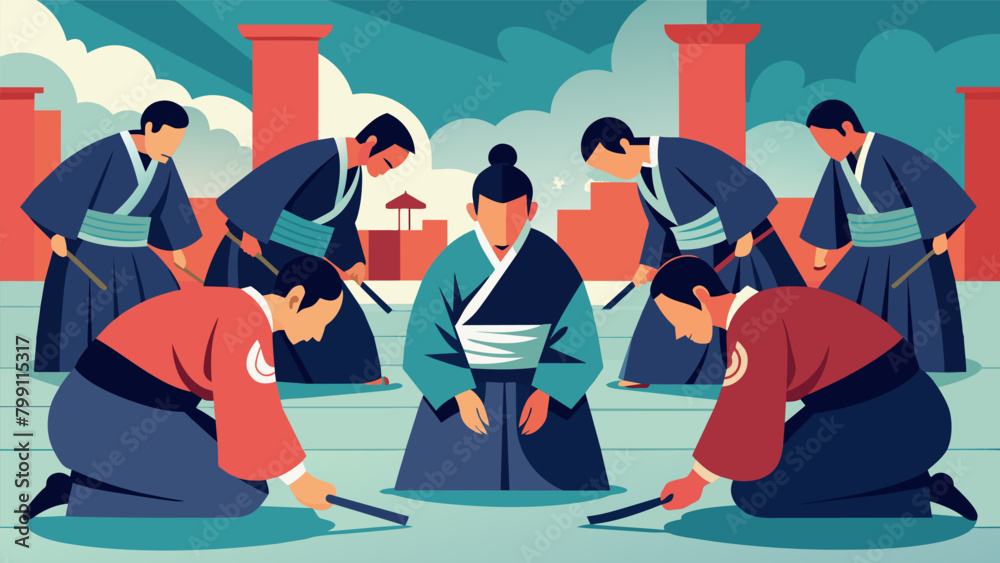 A group of samurai reenactors bow in unison showing respect for the Japanese culture and history they are portraying.. Vector illustration
