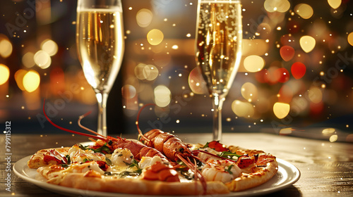 Pizza with lobster on top Served with champagne.
