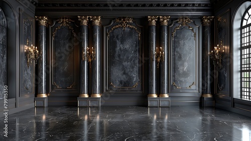 Luxurious living room with lavish use of black marble, blending classic elements with contemporary minimalism,クラシックな要素と現代的なミニマリズムを融合させた、黒い大理石を贅沢に使用した豪華なリビングルーム,Generative AI