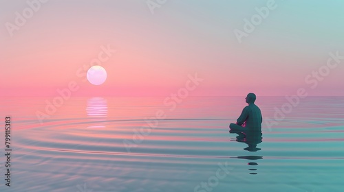 Man meditating on tranquil water during a stunning sunset © Loki Studio