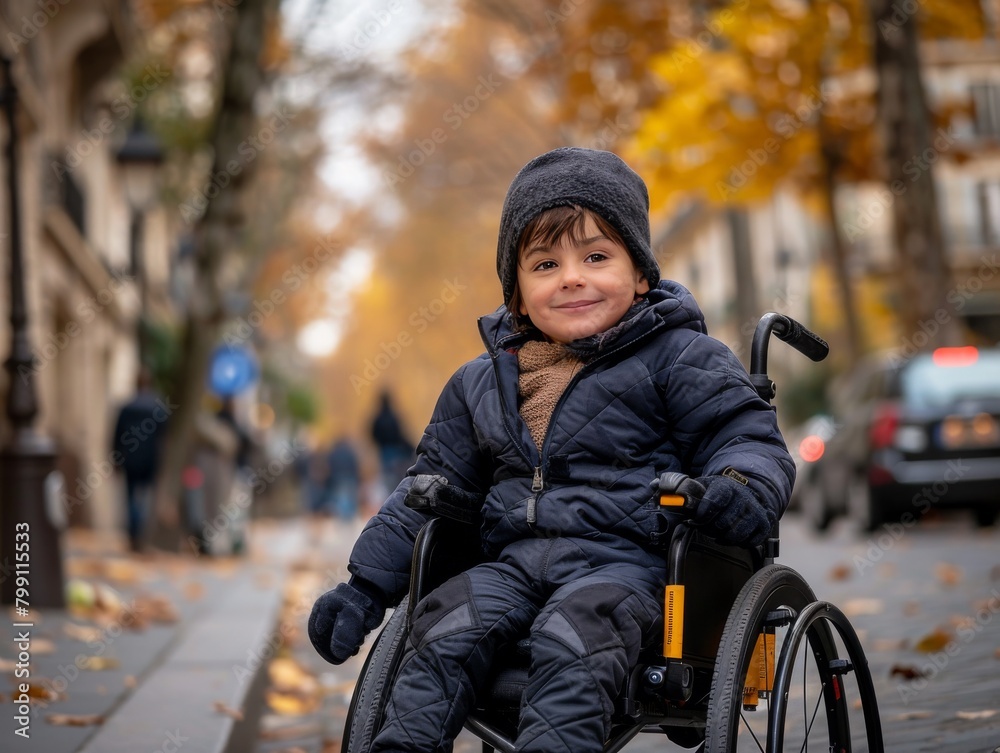 A joyful boy in a wheelchair, dressed in a black jacket and hat, explores Paris A joyful boy in a wheelchair, dressed in a black jacket and hat, explores Paris