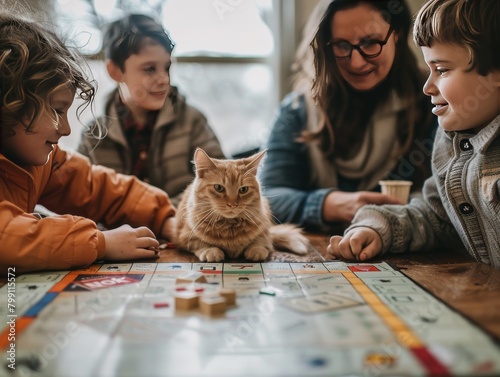 The whole family gathers for a board game on Saturday evening, even the ginger cat joins in for playtime photo