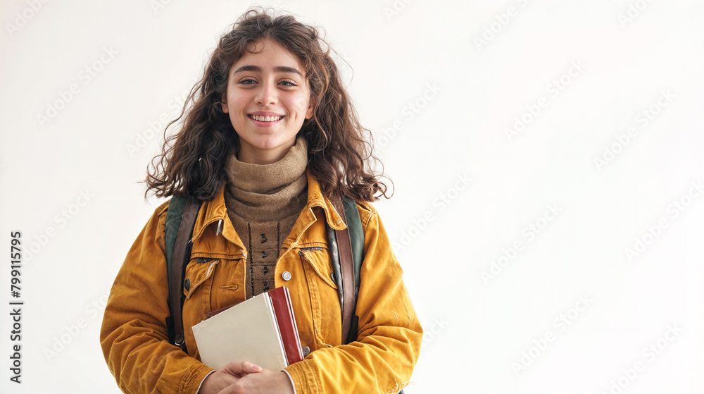 Fototapeta premium Young girl student with books. Teenager female indoors, smiling and holding a book. She is standing in front of a white background.