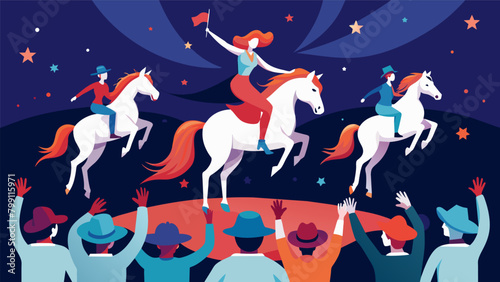 The audience is captivated by the intense and powerful jumps and leaps performed by the horses reflecting the determination and resilience of the. Vector illustration