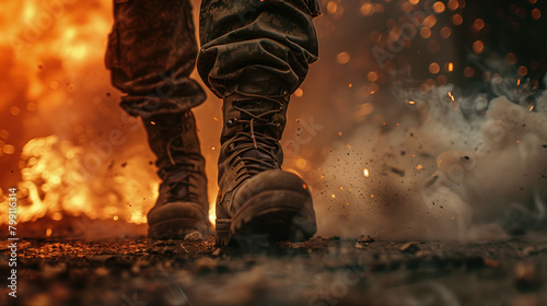 close up of soldier's boots walking on asphalt road, explosion in background