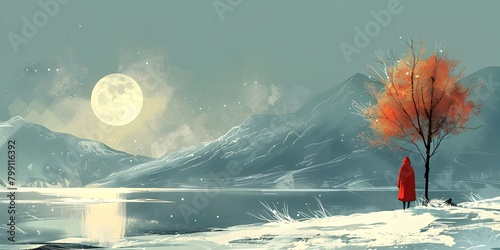 Serene Winterscape with Lone Figure and Vibrant Autumn Tree Under Glowing Lunar Landscape photo