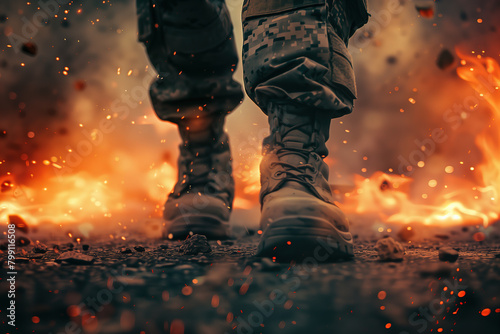 close up of soldier's boots walking on asphalt road, explosion in background photo