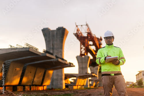 A construction worker is standing on a bridge, talking on his cell phone. The scene is set in a construction site, with a large crane in the background. The worker is wearing a yellow jacket